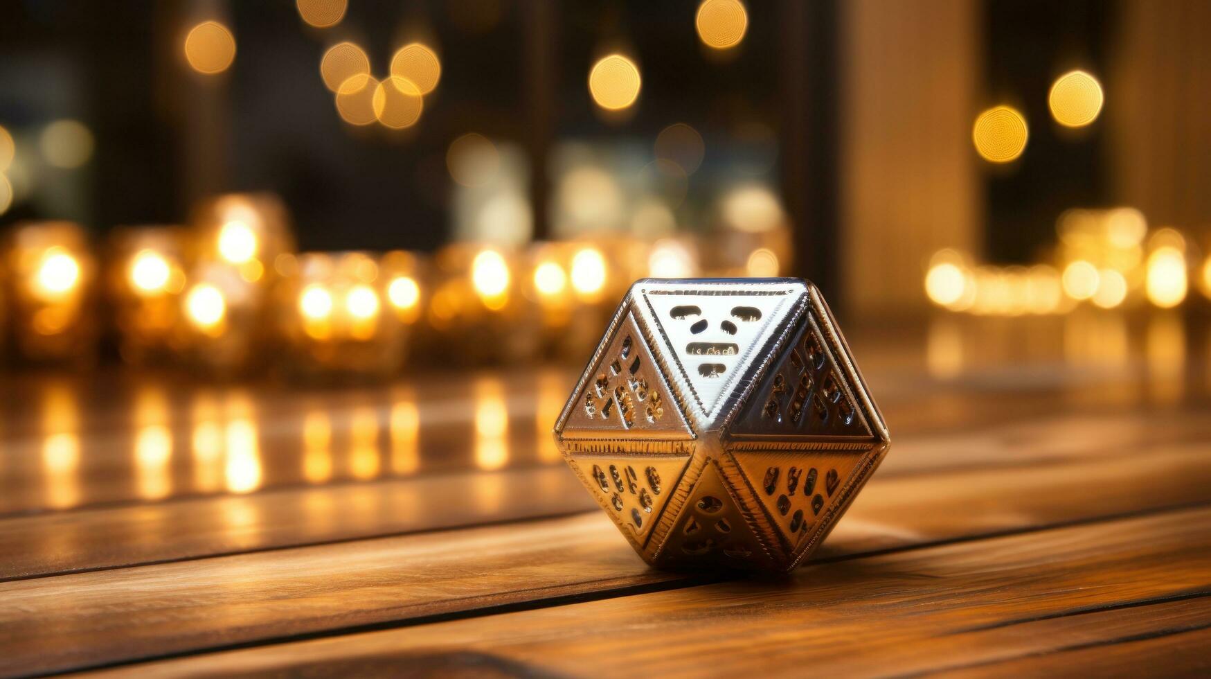 Dreidel spinning on wood floor with blurred lights photo