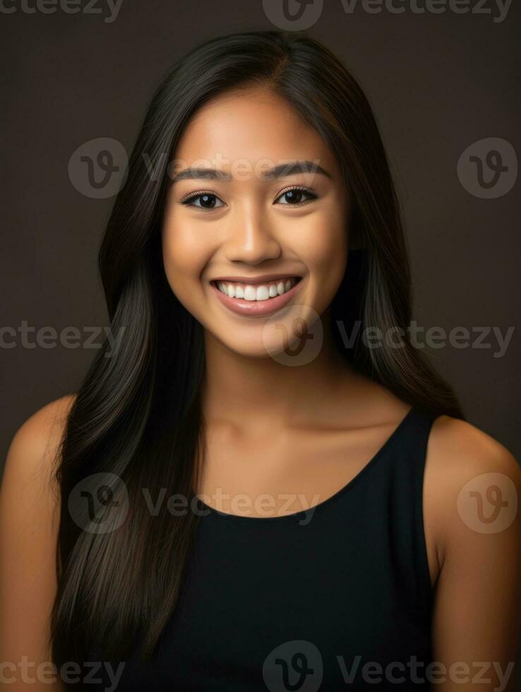 sonriente joven mujer de asiático descendencia vestido en elegante vestir ai generativo foto