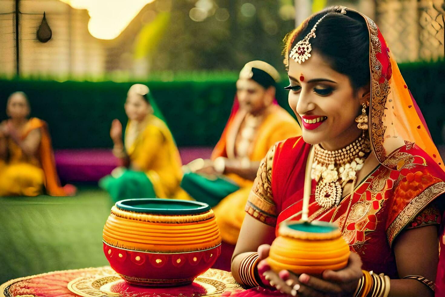 a woman in traditional indian attire holding a pot. AI-Generated photo