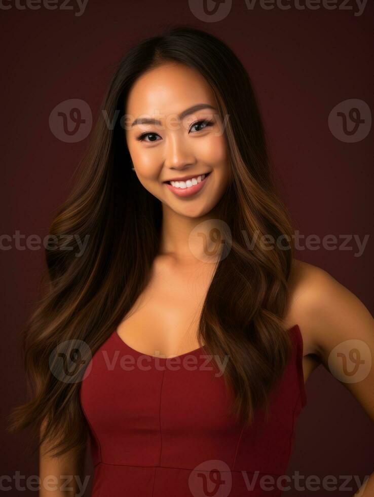 Smiling young woman of Asian descent dressed in elegant dress AI Generative photo