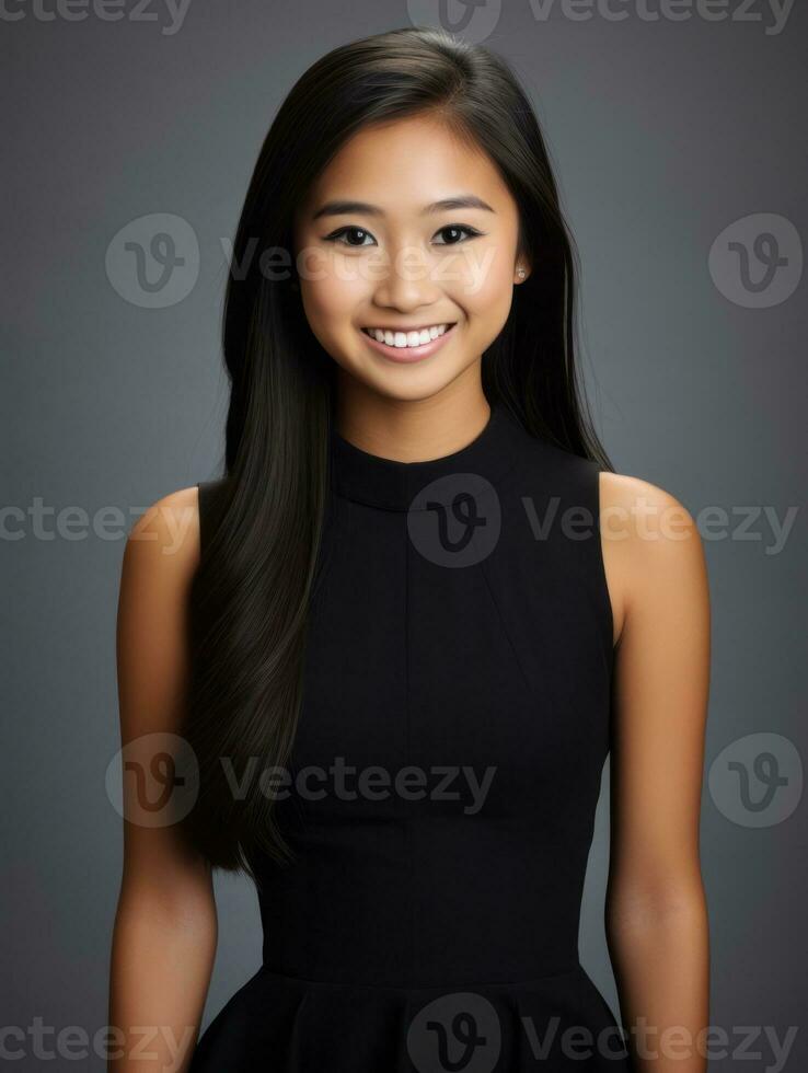 Smiling young woman of Asian descent dressed in elegant dress AI Generative photo