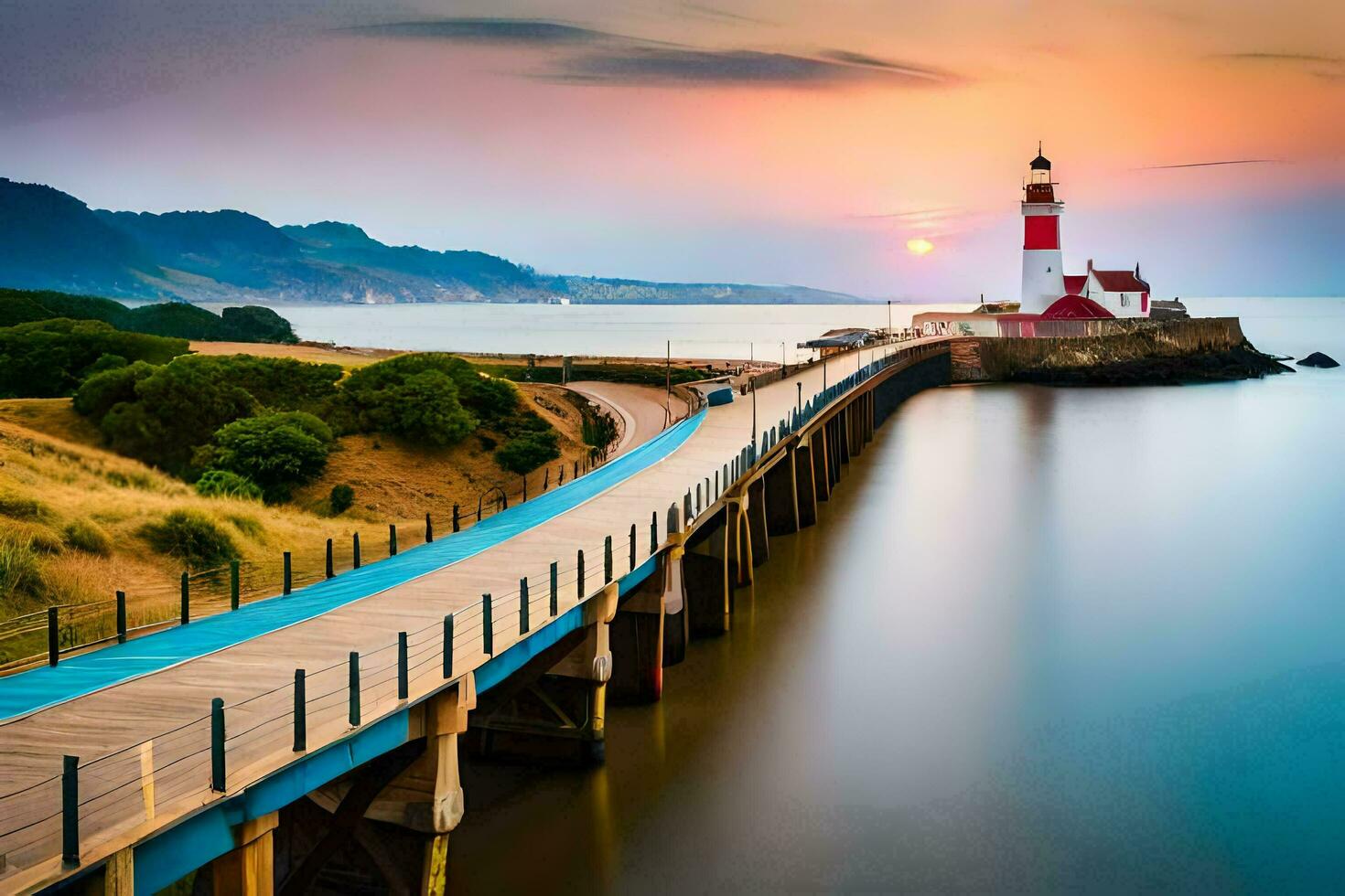 a lighthouse on a pier at sunset. AI-Generated photo