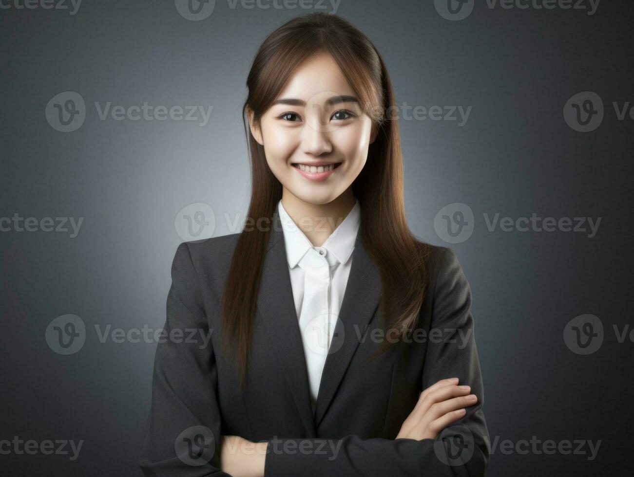 Smiling young woman of Asian descent dressed in elegant dress AI Generative photo