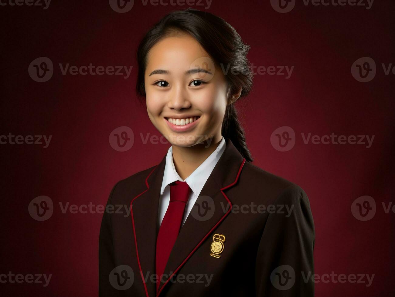 Smiling young woman of Asian descent dressed in elegant dress AI Generative photo