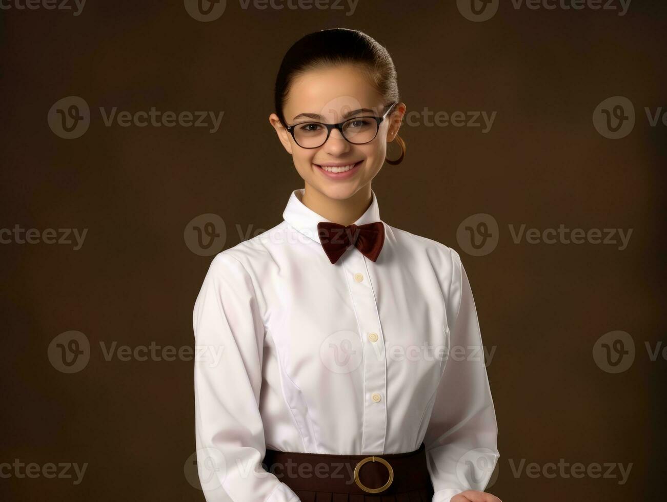 Smiling young woman of Asian descent dressed in elegant dress AI Generative photo