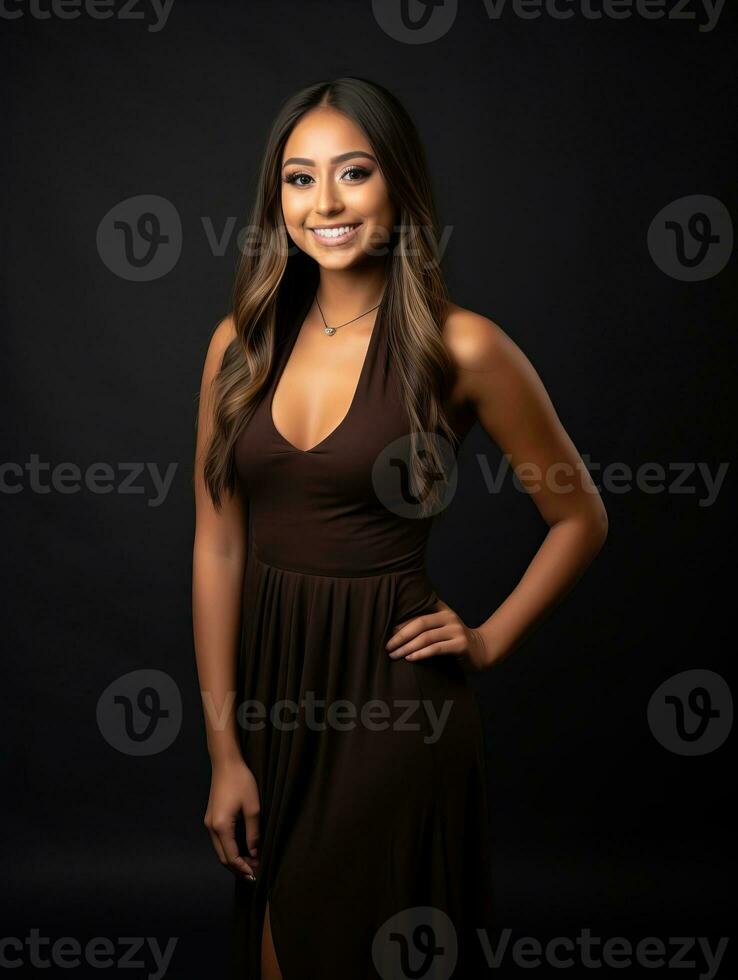 Smiling young woman of Asian descent dressed in elegant dress AI Generative photo