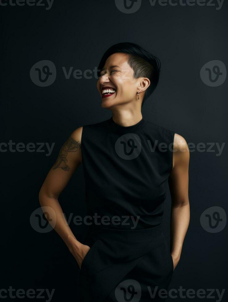 Smiling young woman of Asian descent dressed in elegant dress AI Generative photo
