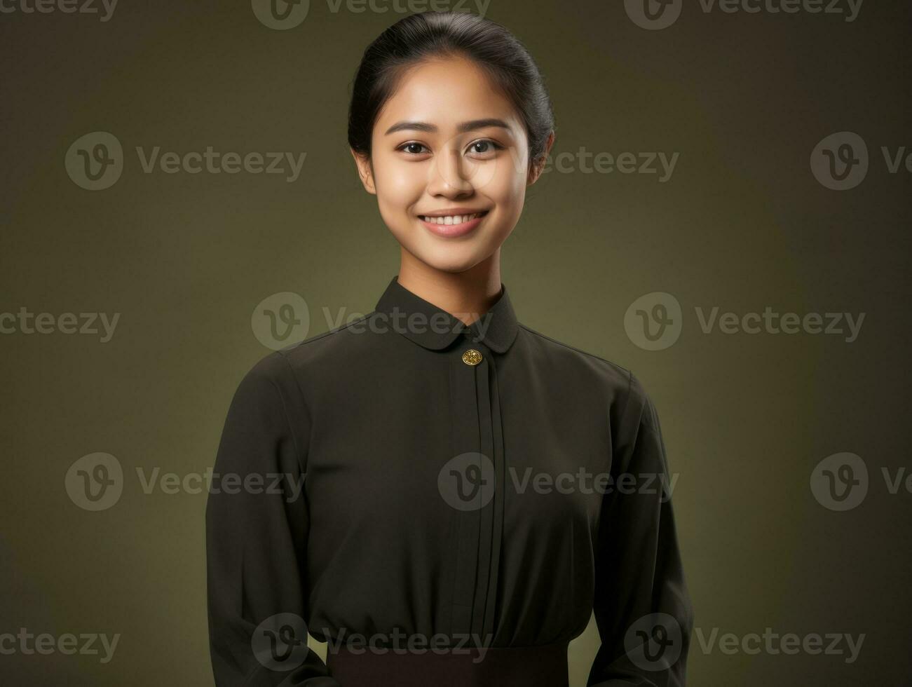 Smiling young woman of Asian descent dressed in elegant dress AI Generative photo