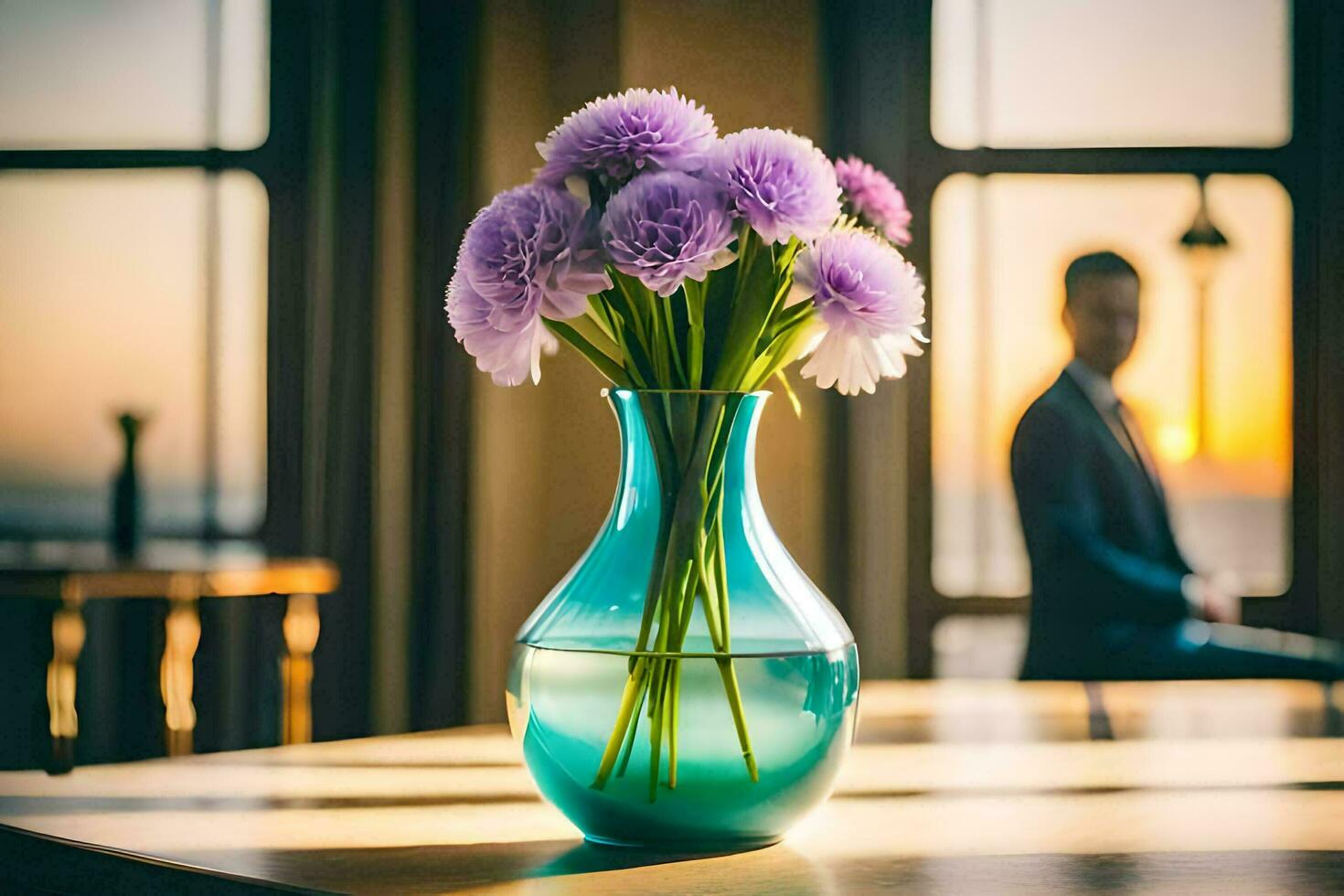 purple flowers in a vase on a table in front of a window. AI-Generated photo