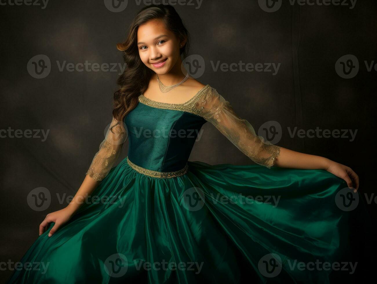 Smiling young woman of Asian descent dressed in elegant dress AI Generative photo