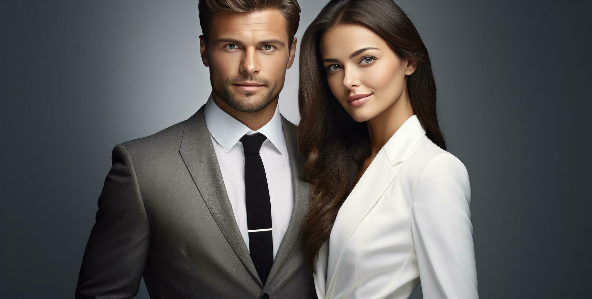 an attractive business couple in business suits standing smiling and posing for the camera photo