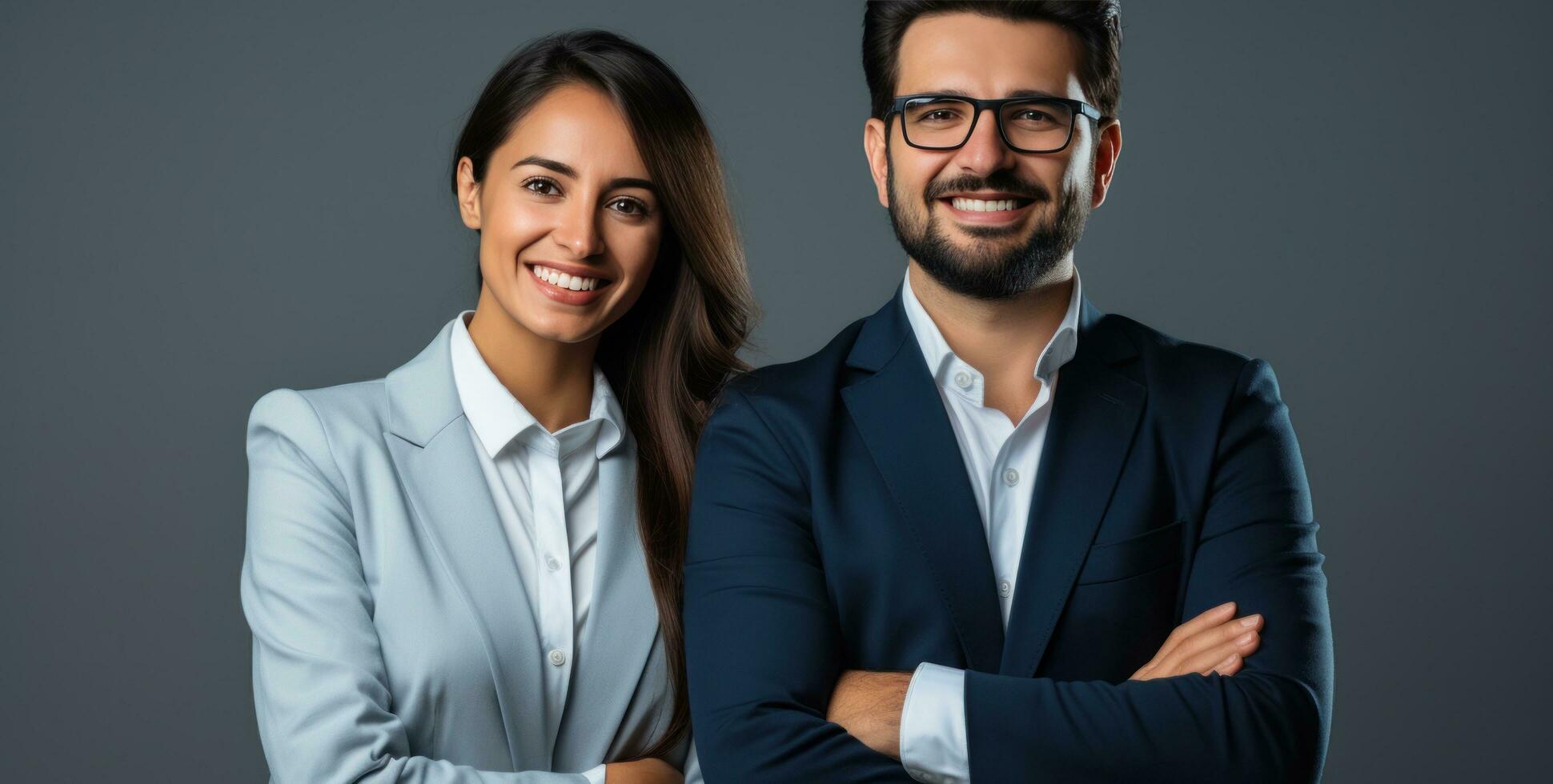 an attractive business couple in business suits standing smiling and posing for the camera photo