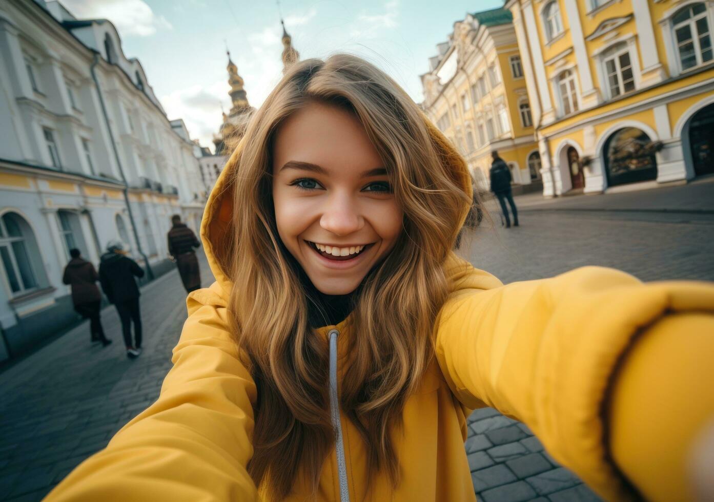 beautiful young lady taking selfie photo