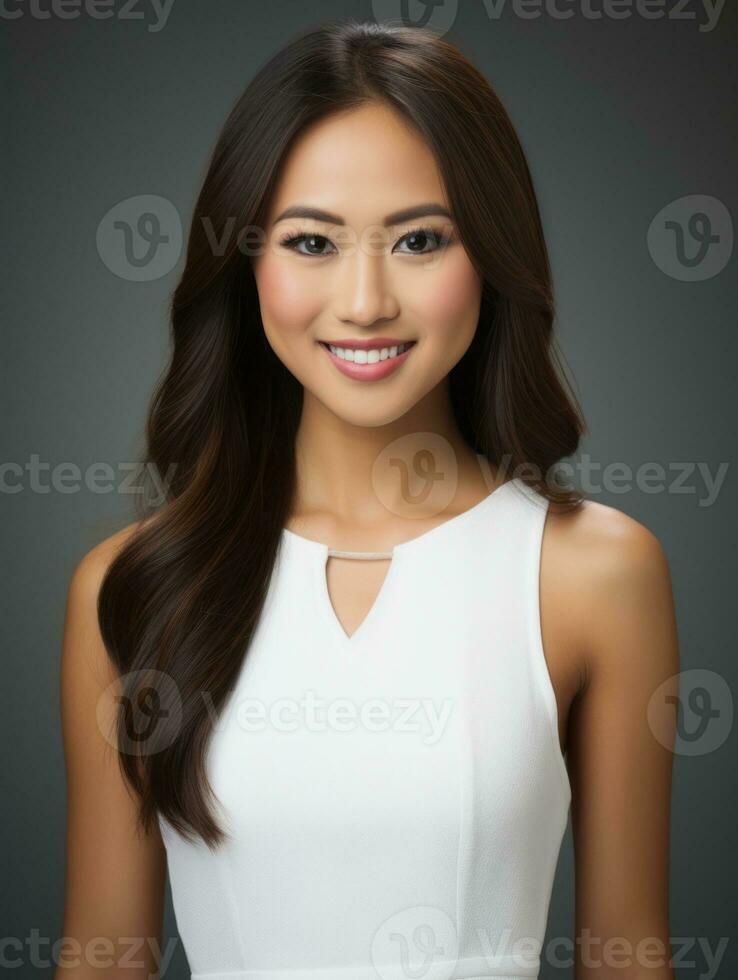 Smiling young woman of Asian descent dressed in elegant dress AI Generative photo