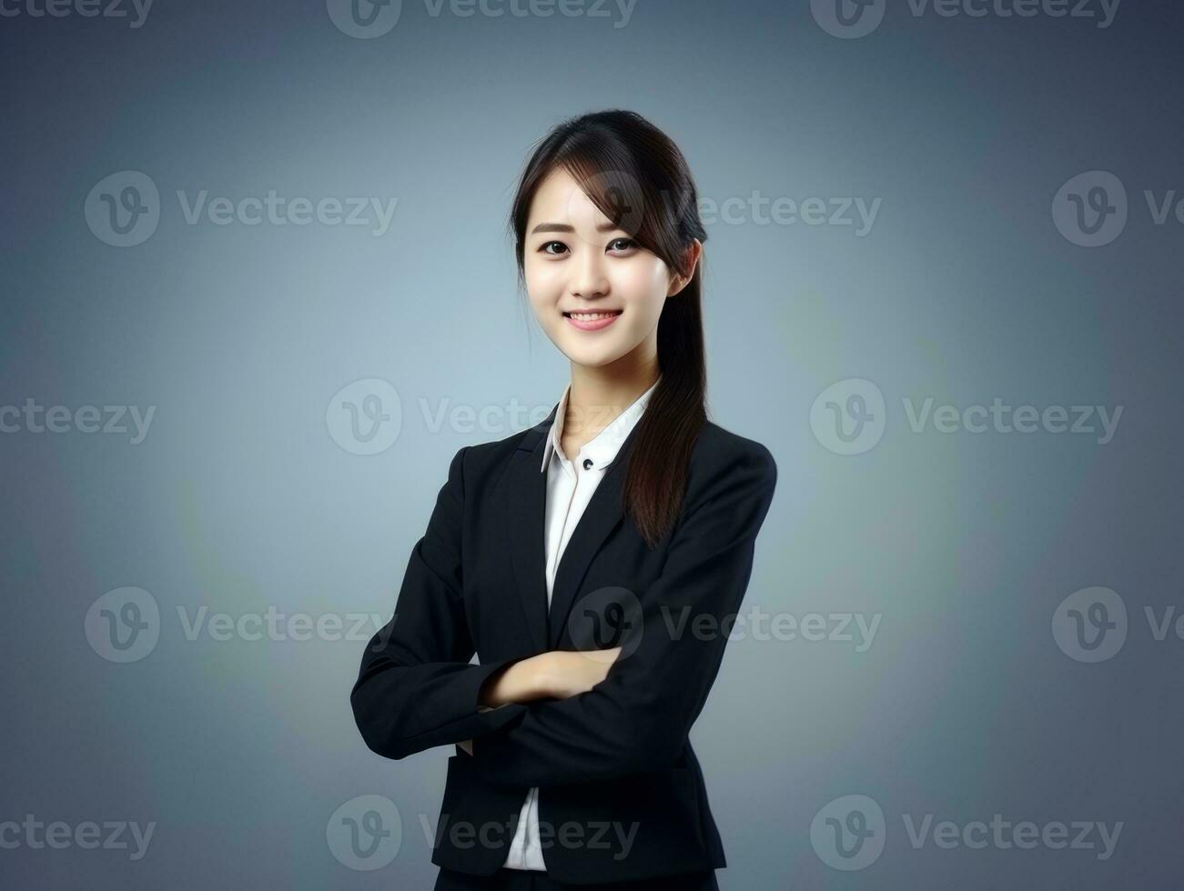 sonriente joven mujer de asiático descendencia vestido en elegante vestir ai generativo foto