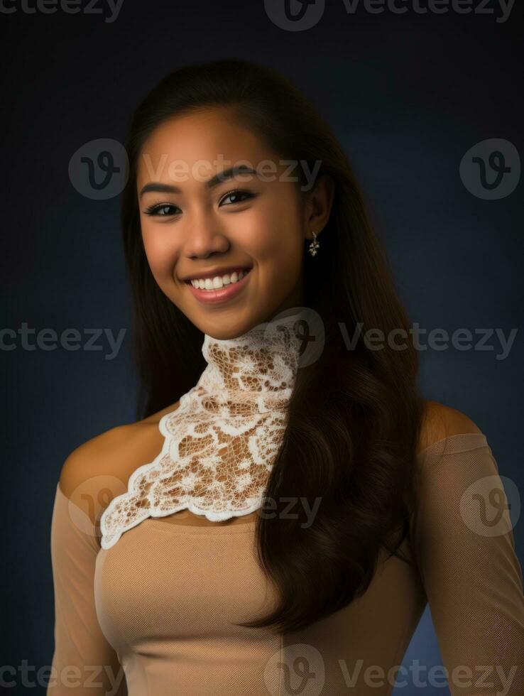 sonriente joven mujer de asiático descendencia vestido en elegante vestir ai generativo foto