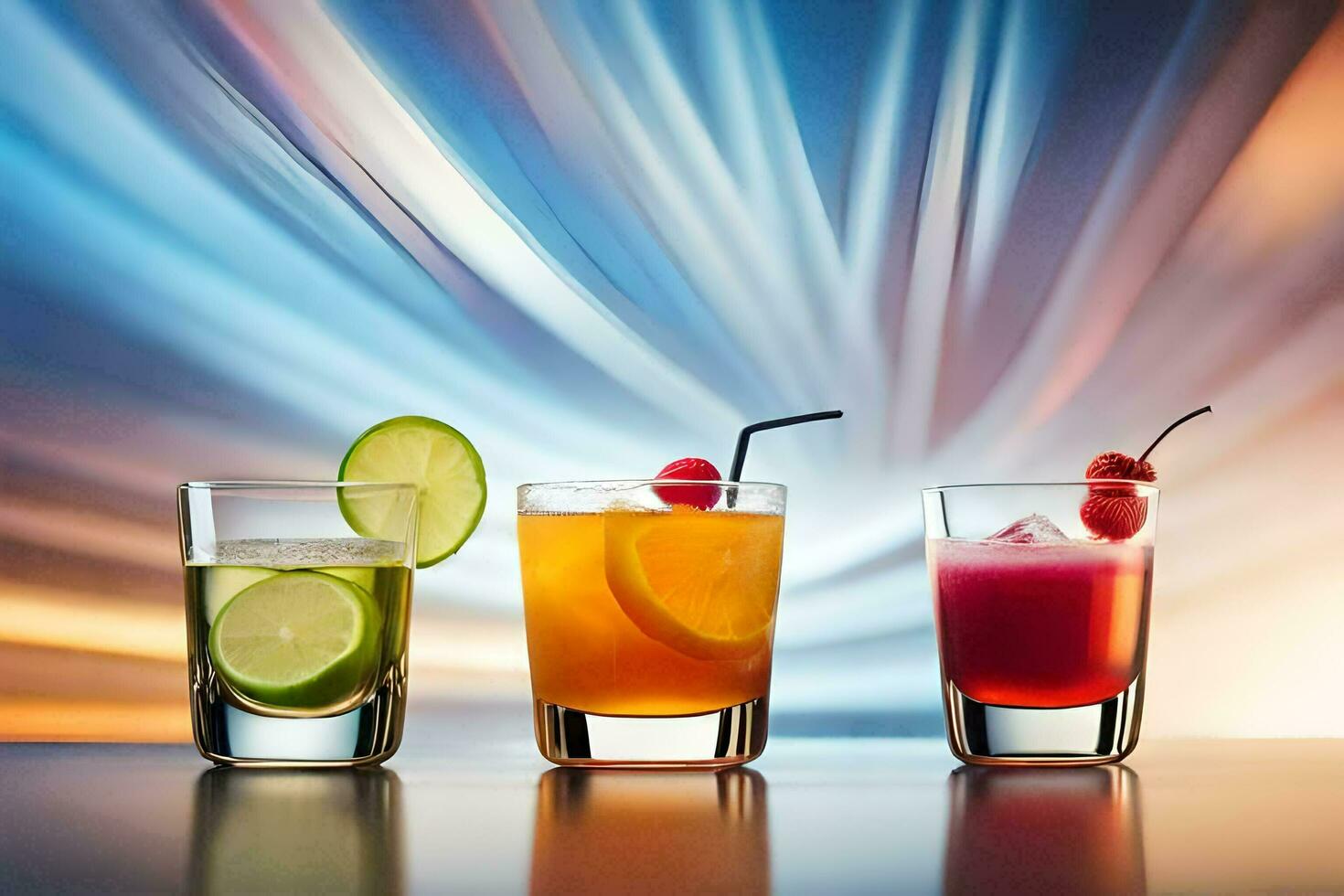 three different types of alcoholic drinks in glasses. AI-Generated photo