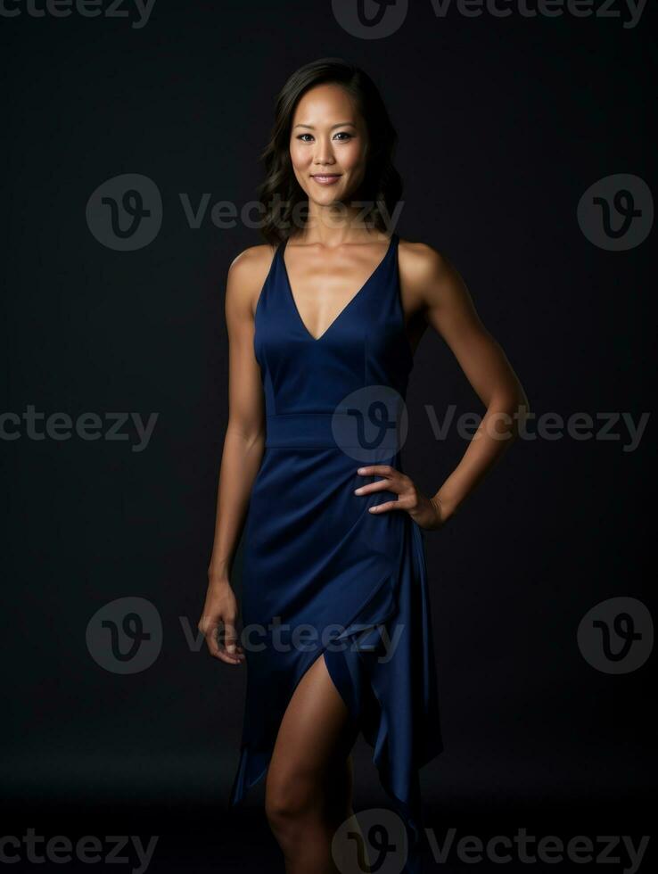 sonriente joven mujer de asiático descendencia vestido en elegante vestir ai generativo foto