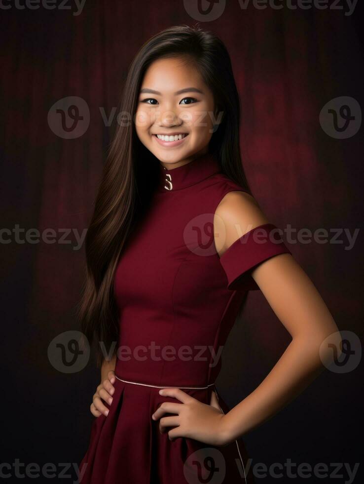 sonriente joven mujer de asiático descendencia vestido en elegante vestir ai generativo foto