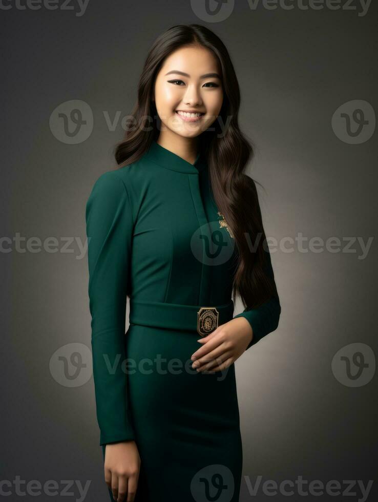 Smiling young woman of Asian descent dressed in elegant dress AI Generative photo