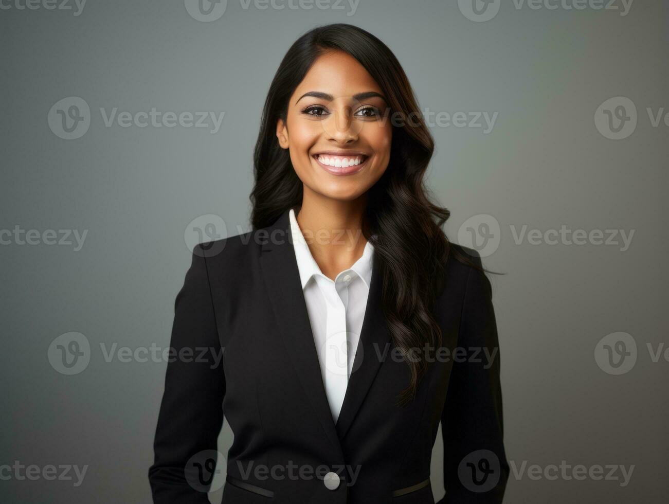 Smiling young woman of Asian descent dressed in elegant dress AI Generative photo