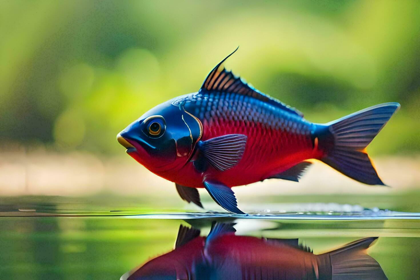 un rojo y azul pescado es flotante en el agua. generado por ai foto