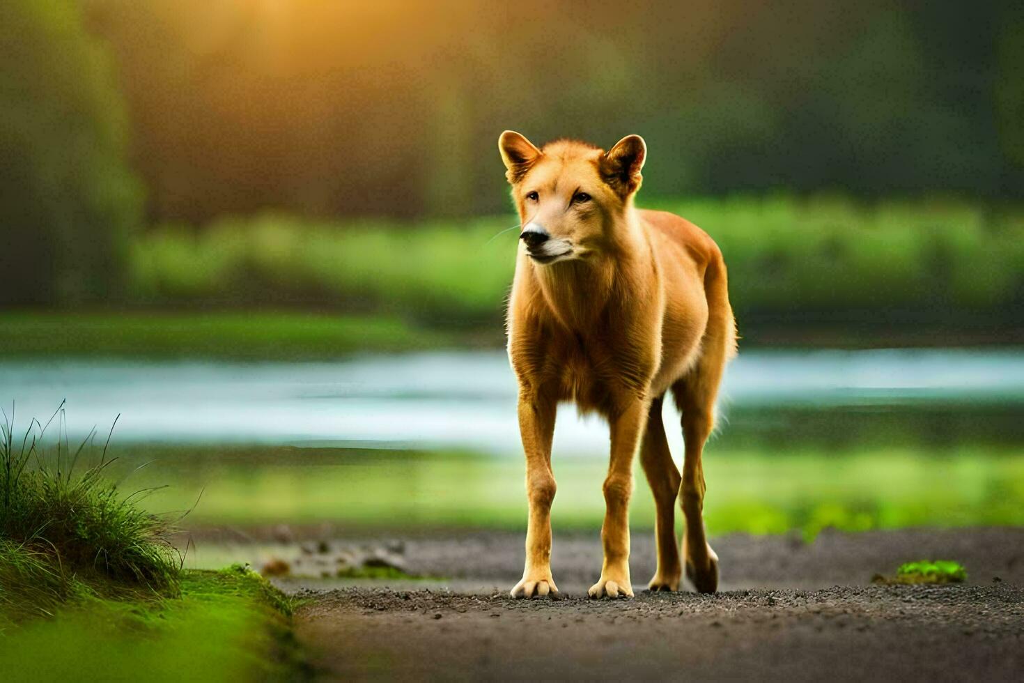a dog is standing on the road near a river. AI-Generated photo