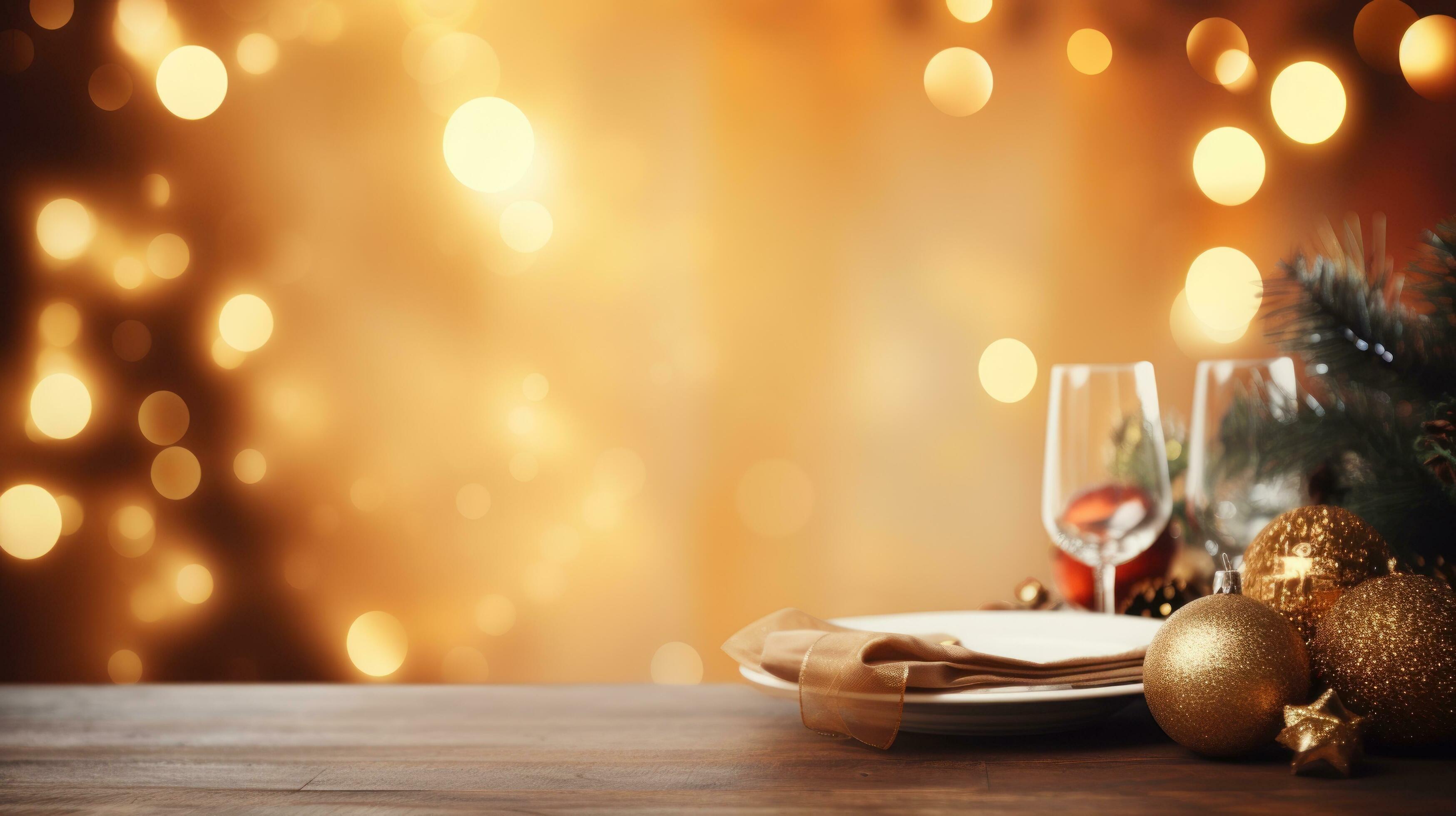 christmas dinner holiday background with blurred christmas tree
