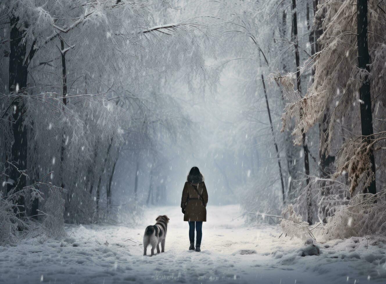 person walking her dog in a woods in snow photo