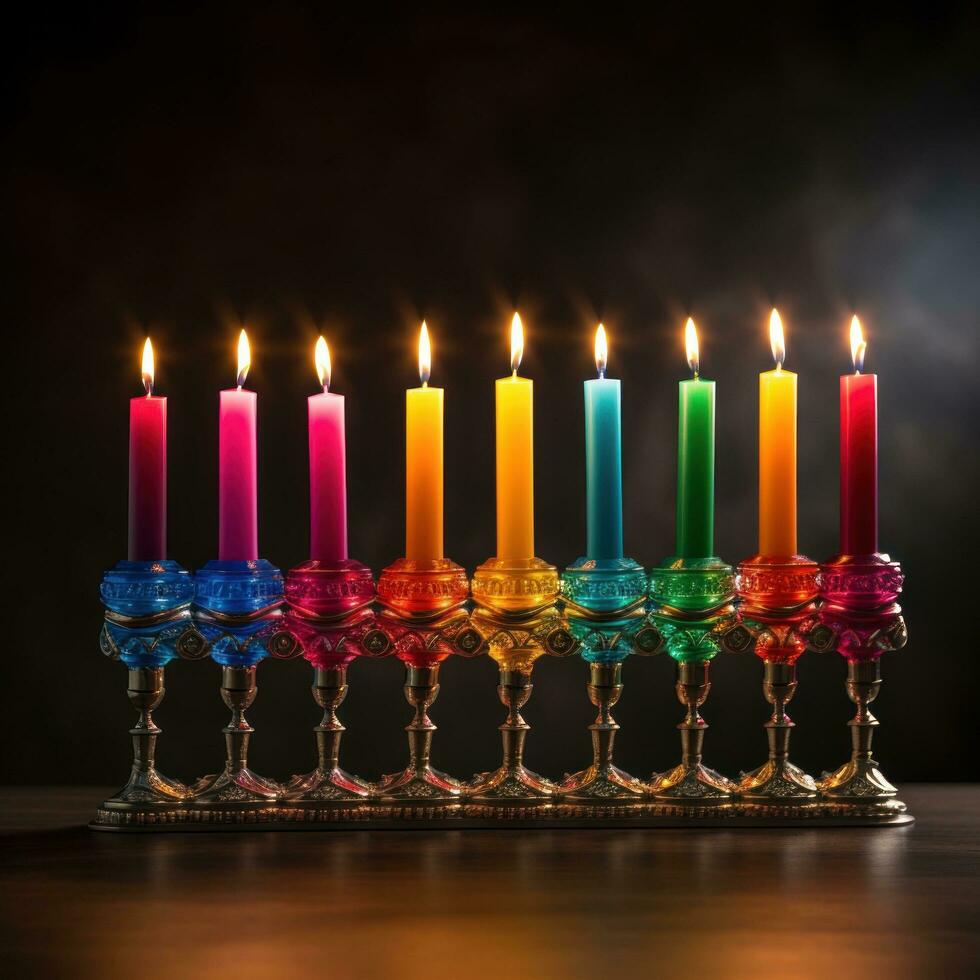 Menorah with colorful candles against dark background photo