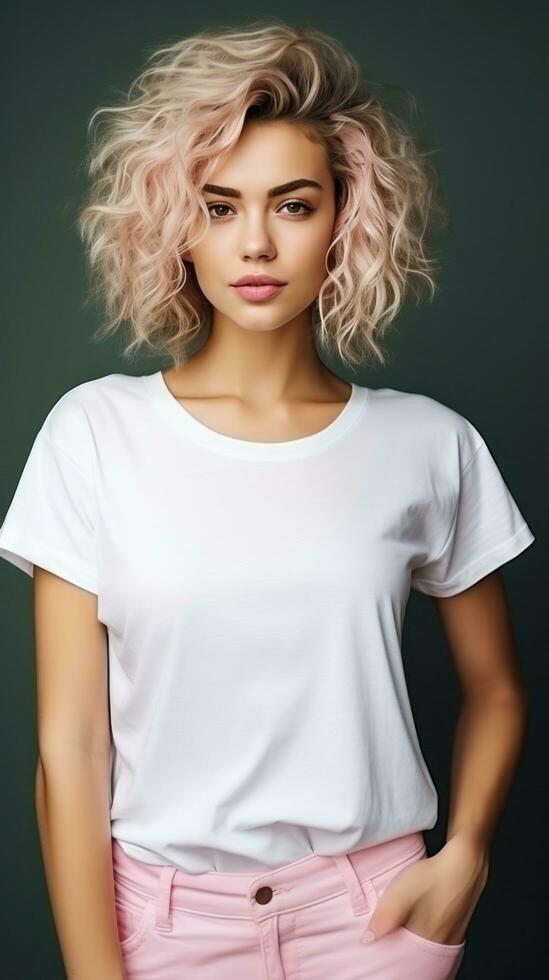 model woman wearing white t shirt photo