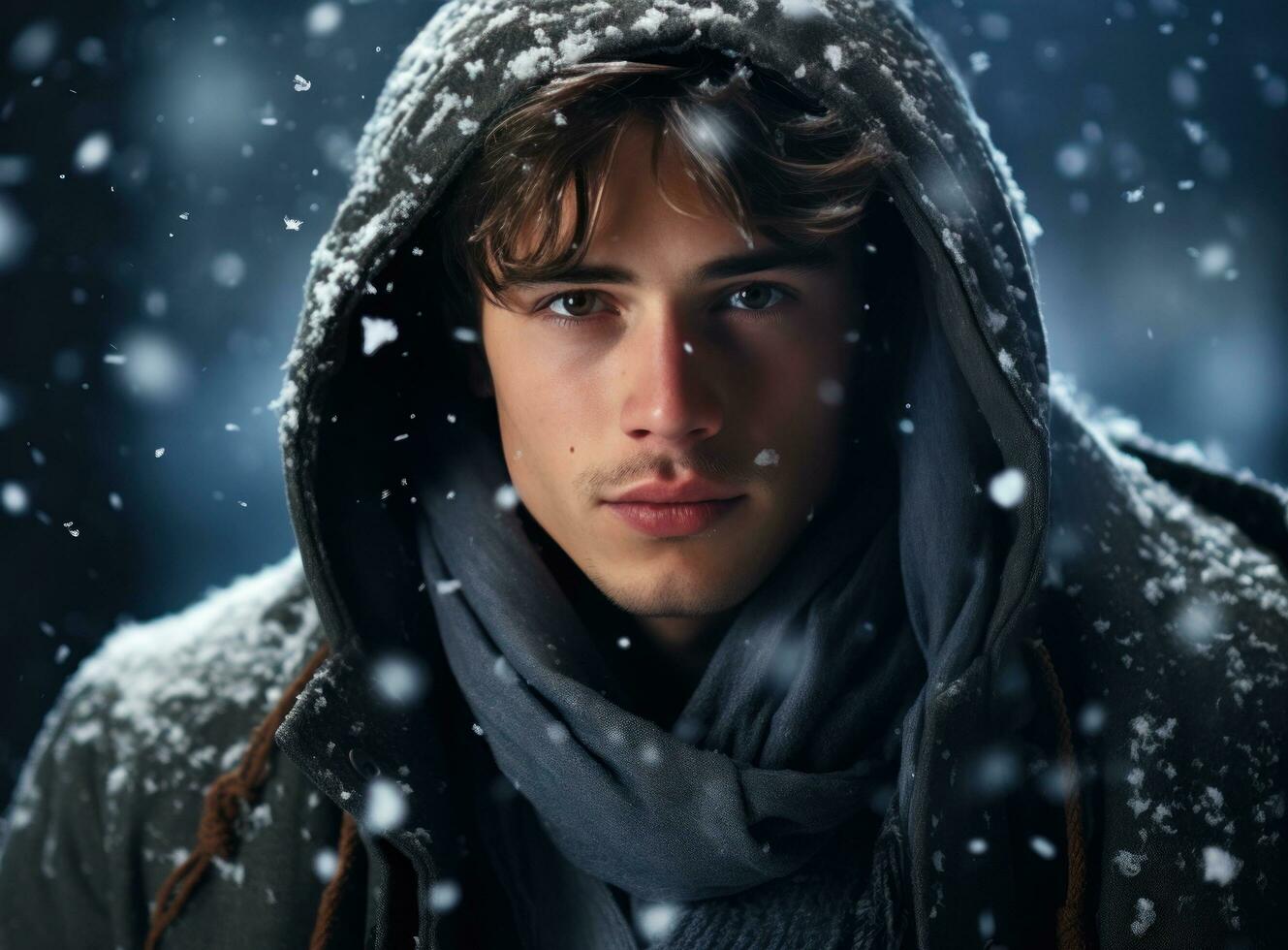 young man in winter and scarves on blue background with snow falling from the sky photo