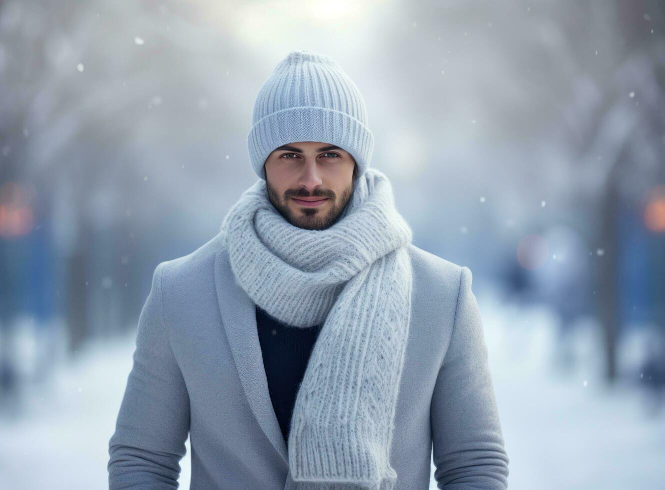 a man in a scarf and beige shirt standing in the street photo