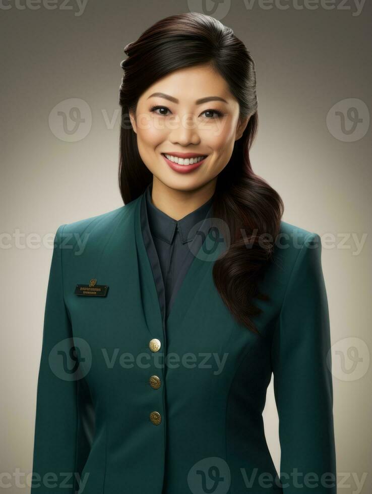 Smiling young woman of Asian descent dressed in elegant dress AI Generative photo