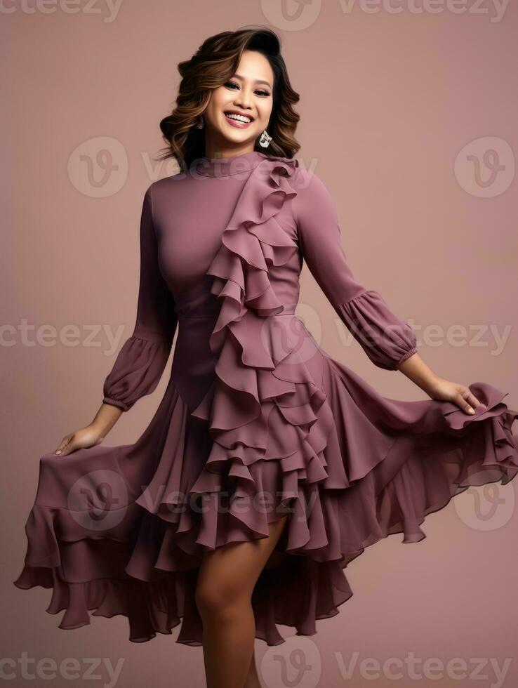 Smiling young woman of Asian descent dressed in elegant dress AI Generative photo