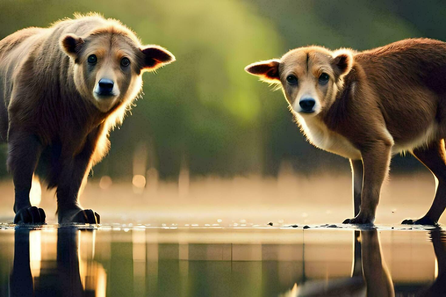 two brown dogs standing in water with their reflection. AI-Generated photo