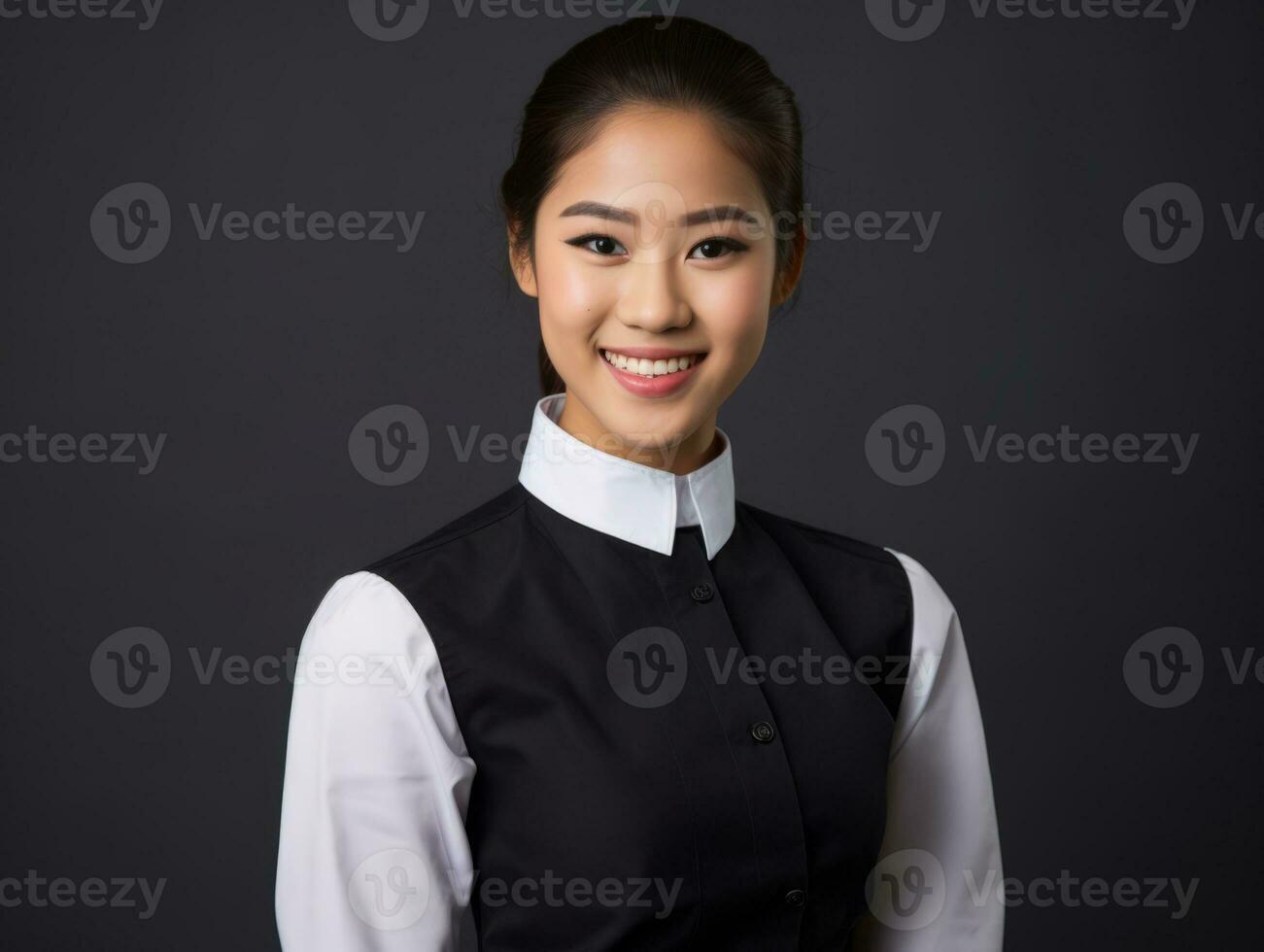 Smiling young woman of Asian descent dressed in elegant dress AI Generative photo