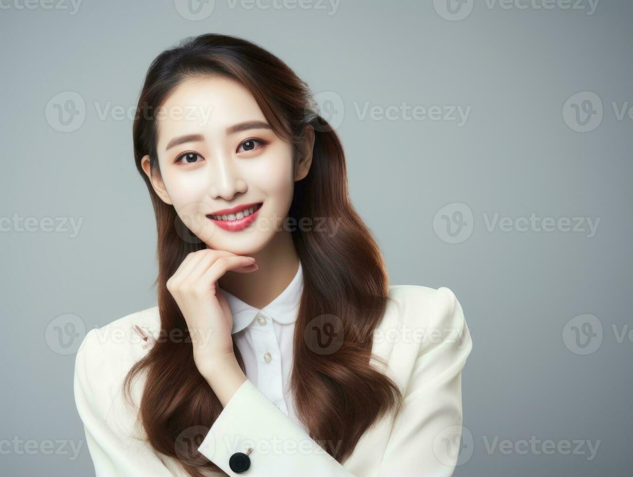 Smiling young woman of Asian descent dressed in elegant dress AI Generative photo