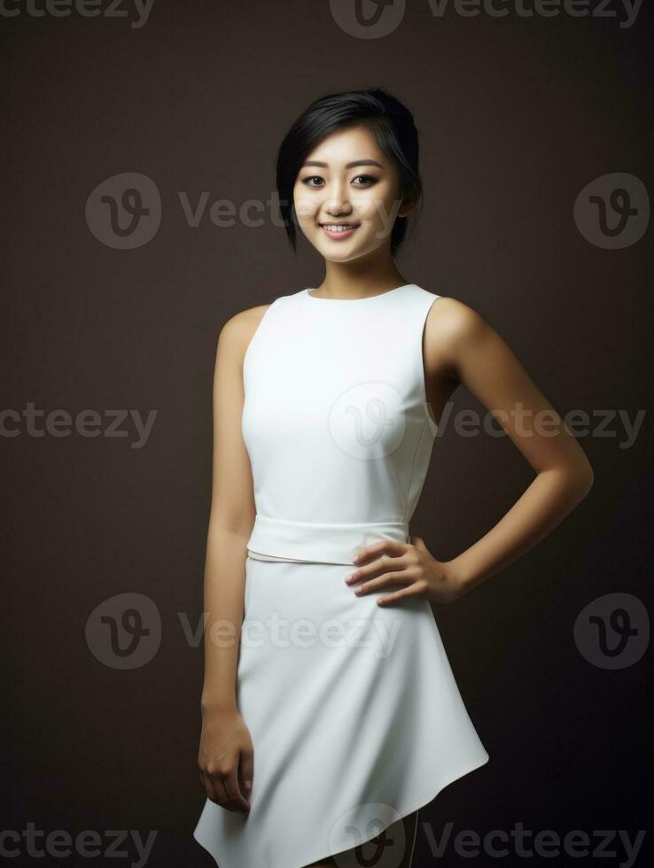 Smiling young woman of Asian descent dressed in elegant dress AI Generative photo