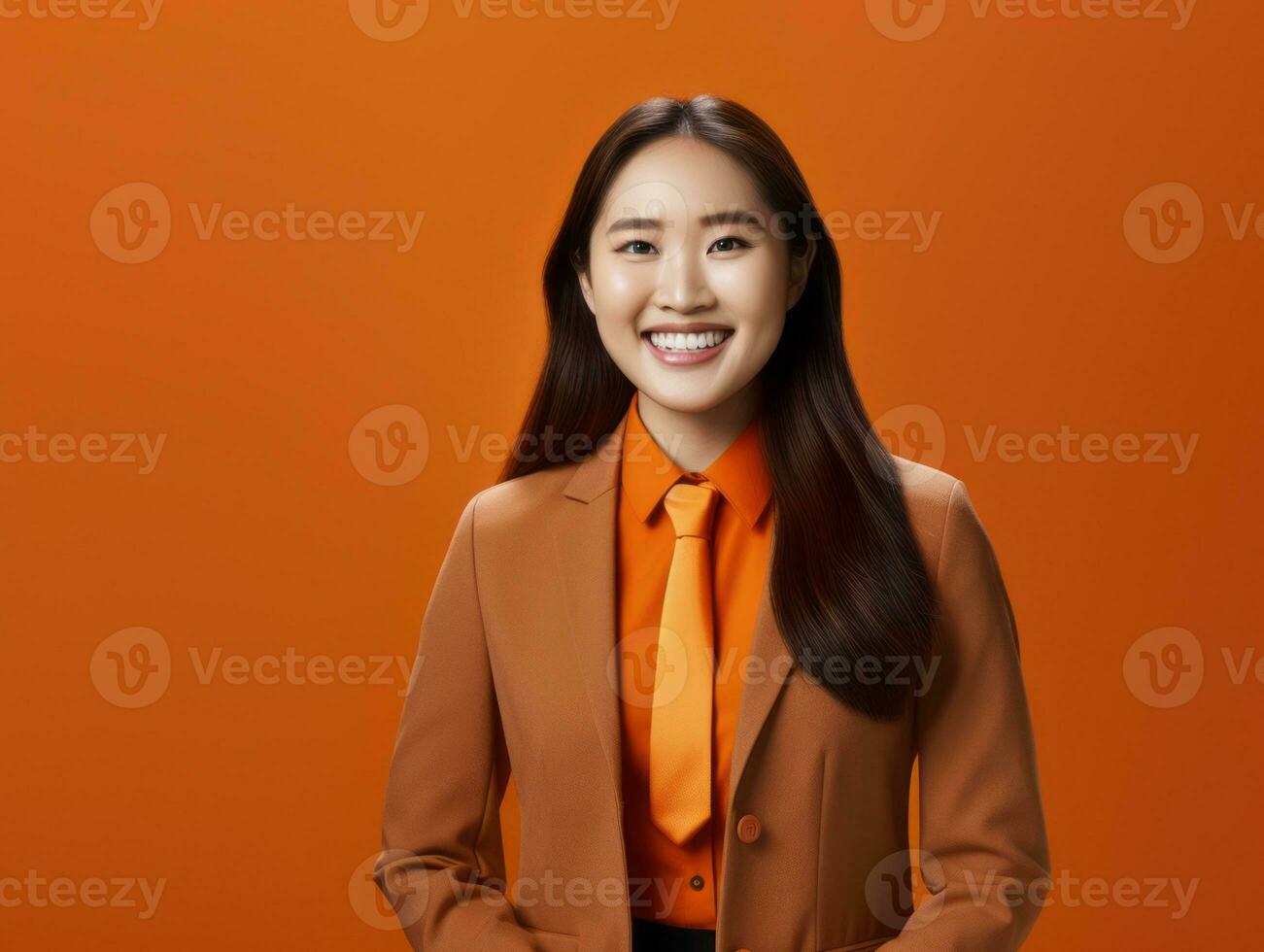 sonriente joven mujer de asiático descendencia vestido en elegante vestir ai generativo foto