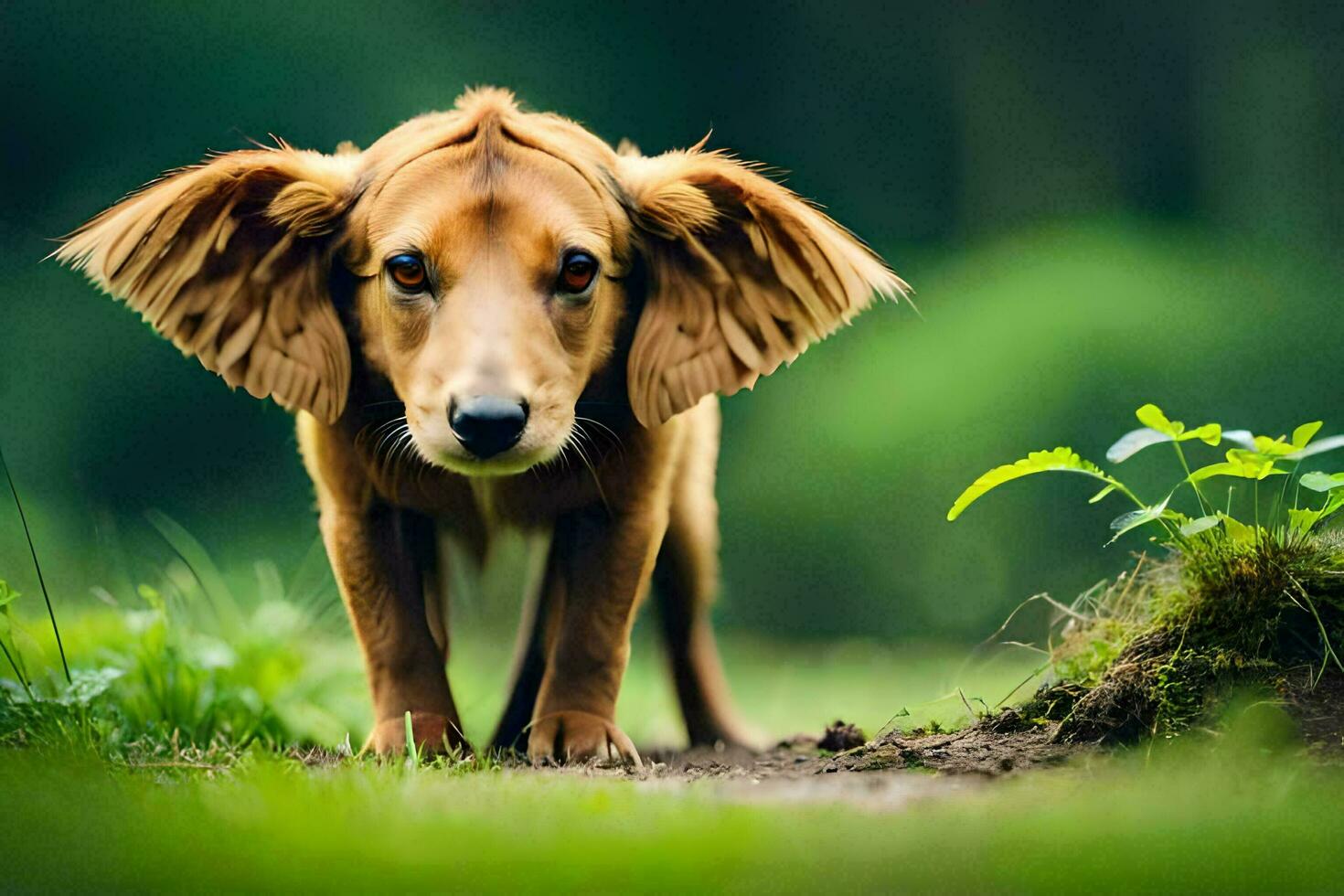 un perro con grande orejas en pie en el césped. generado por ai foto