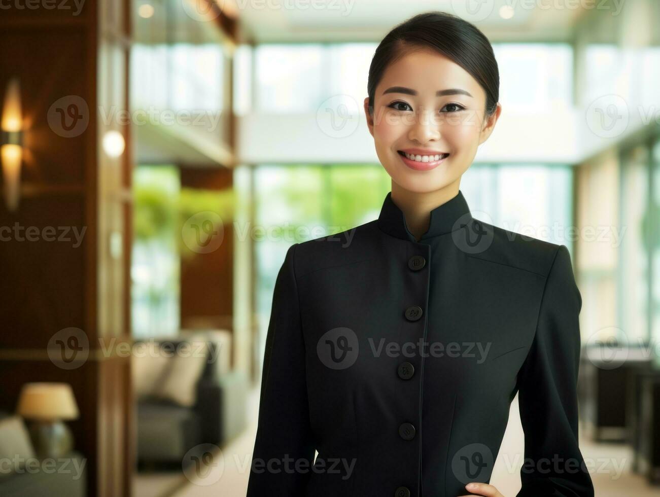 Smiling young woman of Asian descent dressed in elegant dress AI Generative photo