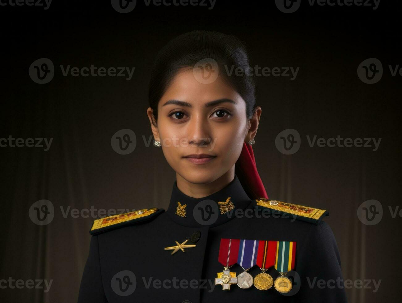 Smiling young woman of Asian descent dressed in elegant dress AI Generative photo