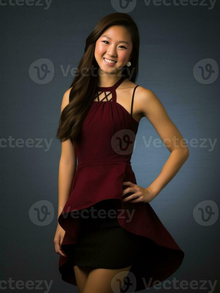 Smiling young woman of Asian descent dressed in elegant dress AI Generative photo