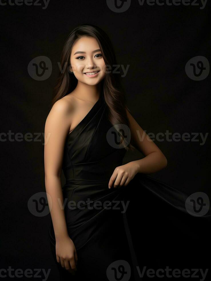Smiling young woman of Asian descent dressed in elegant dress AI Generative photo