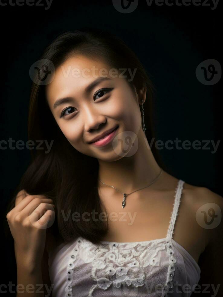 sonriente joven mujer de asiático descendencia vestido en elegante vestir ai generativo foto