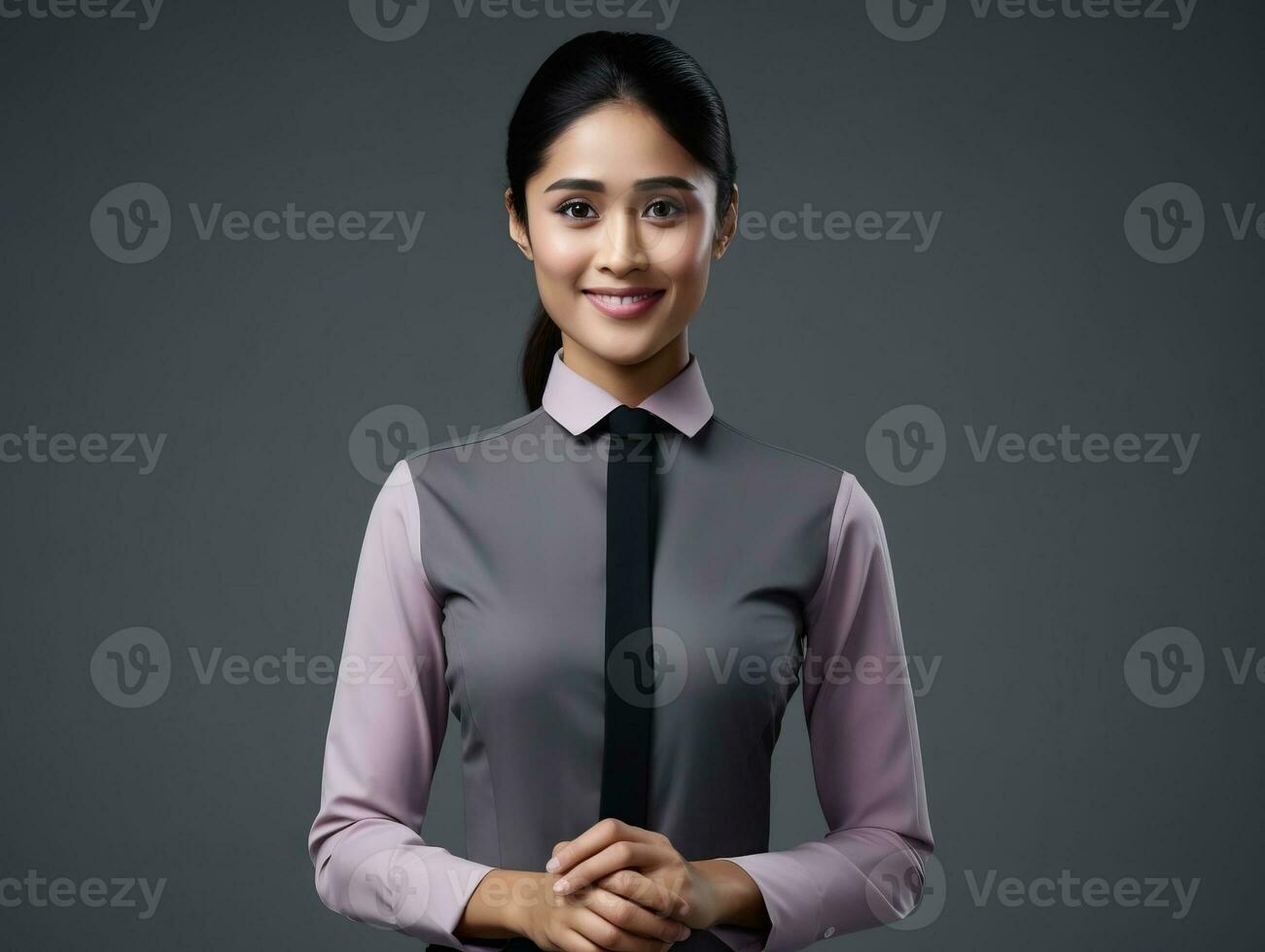 Smiling young woman of Asian descent dressed in elegant dress AI Generative photo