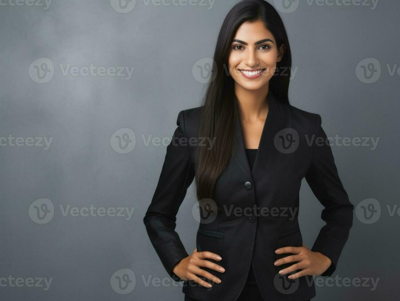 sonriente joven mujer de asiático descendencia vestido en elegante vestir ai generativo foto