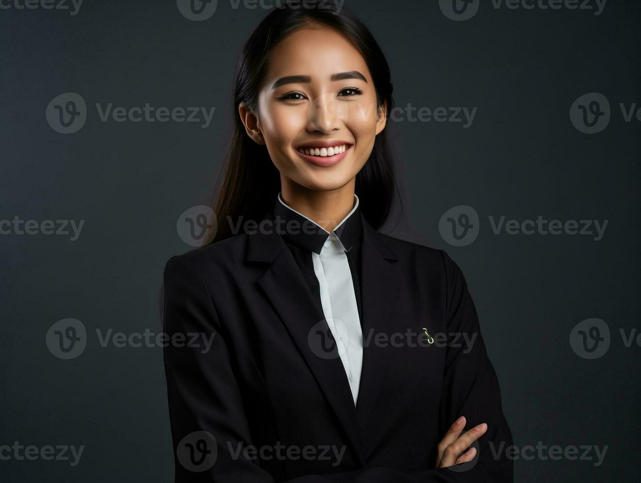 sonriente joven mujer de asiático descendencia vestido en elegante vestir ai generativo foto