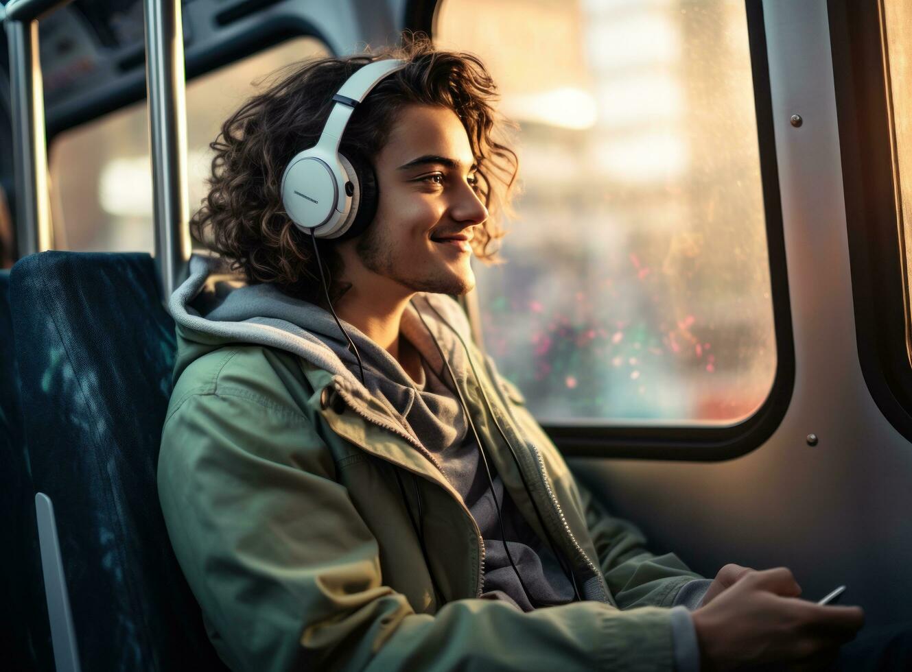 young man with headphones playing music on a phone at bus shelter in street photo